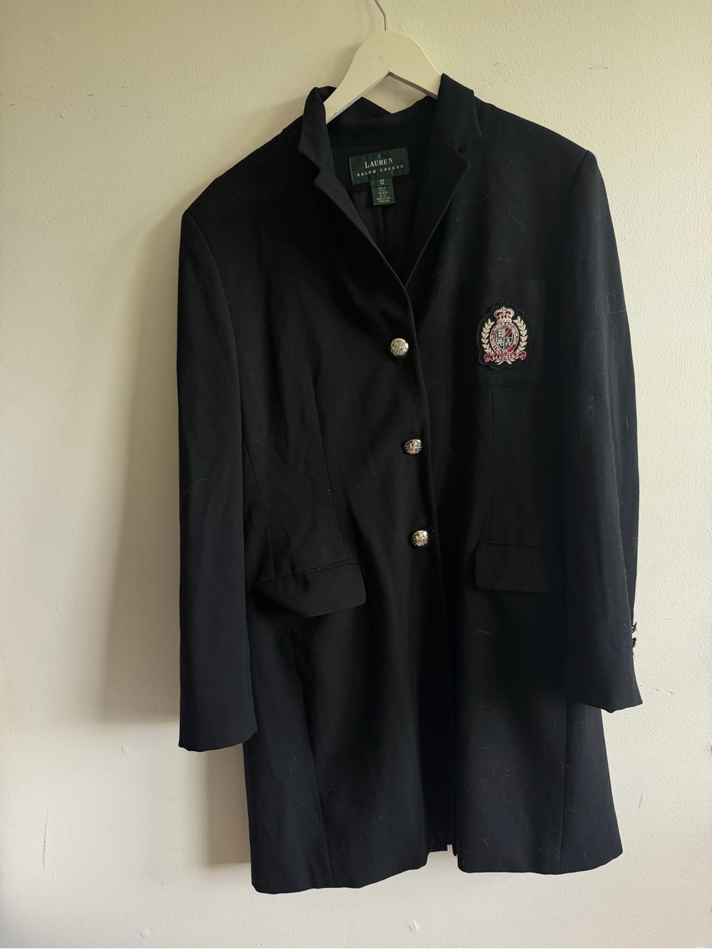 Ralph Lauren Black Embroidered Crest Long Blazer